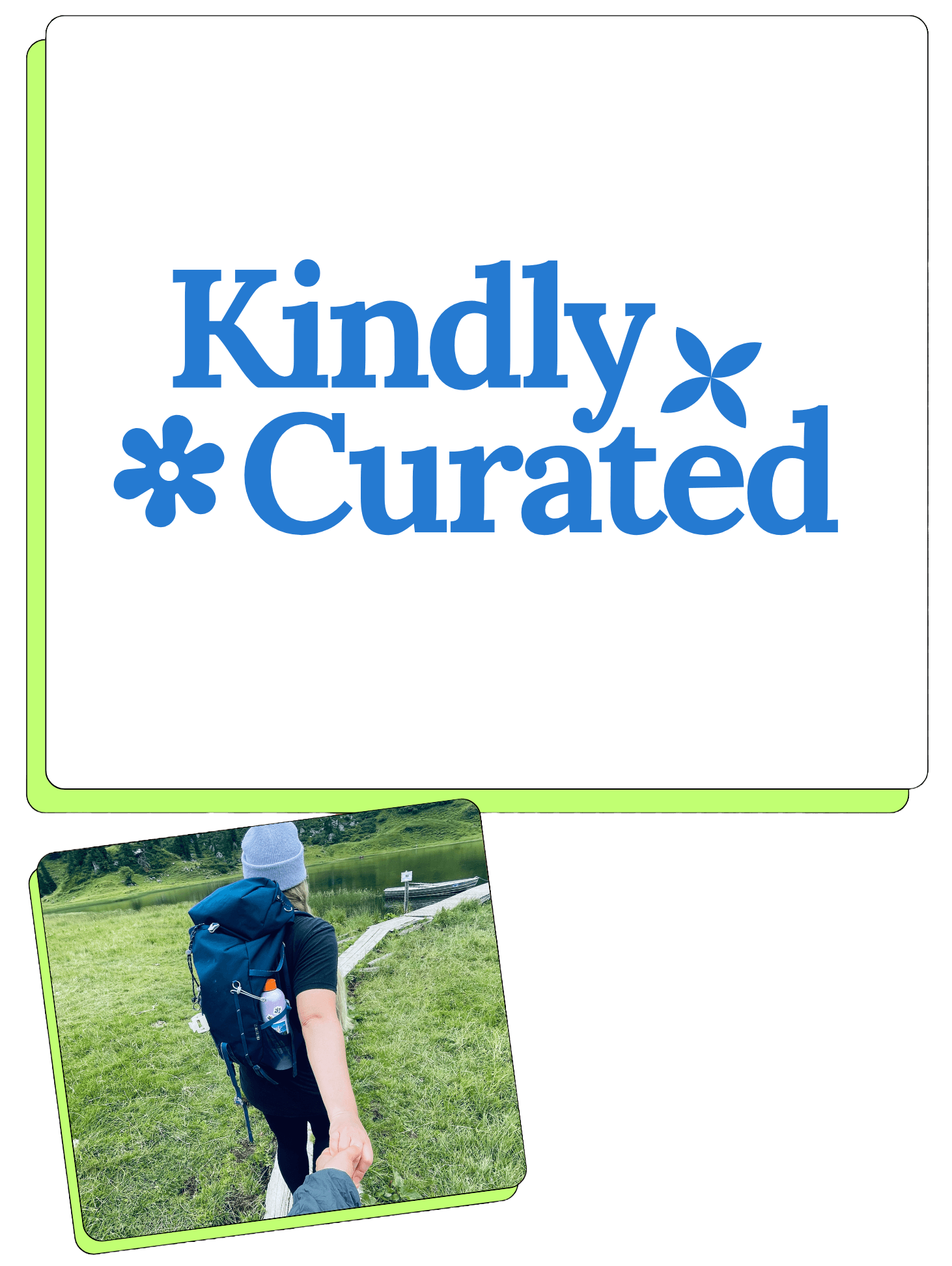 Kindly Curated, illustrated with one hiker leading another through a mountain meadow